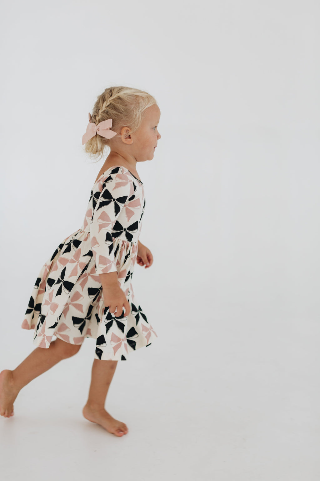 3/4 Sleeve Twirl Dress in Vintage Pink and Black Bows