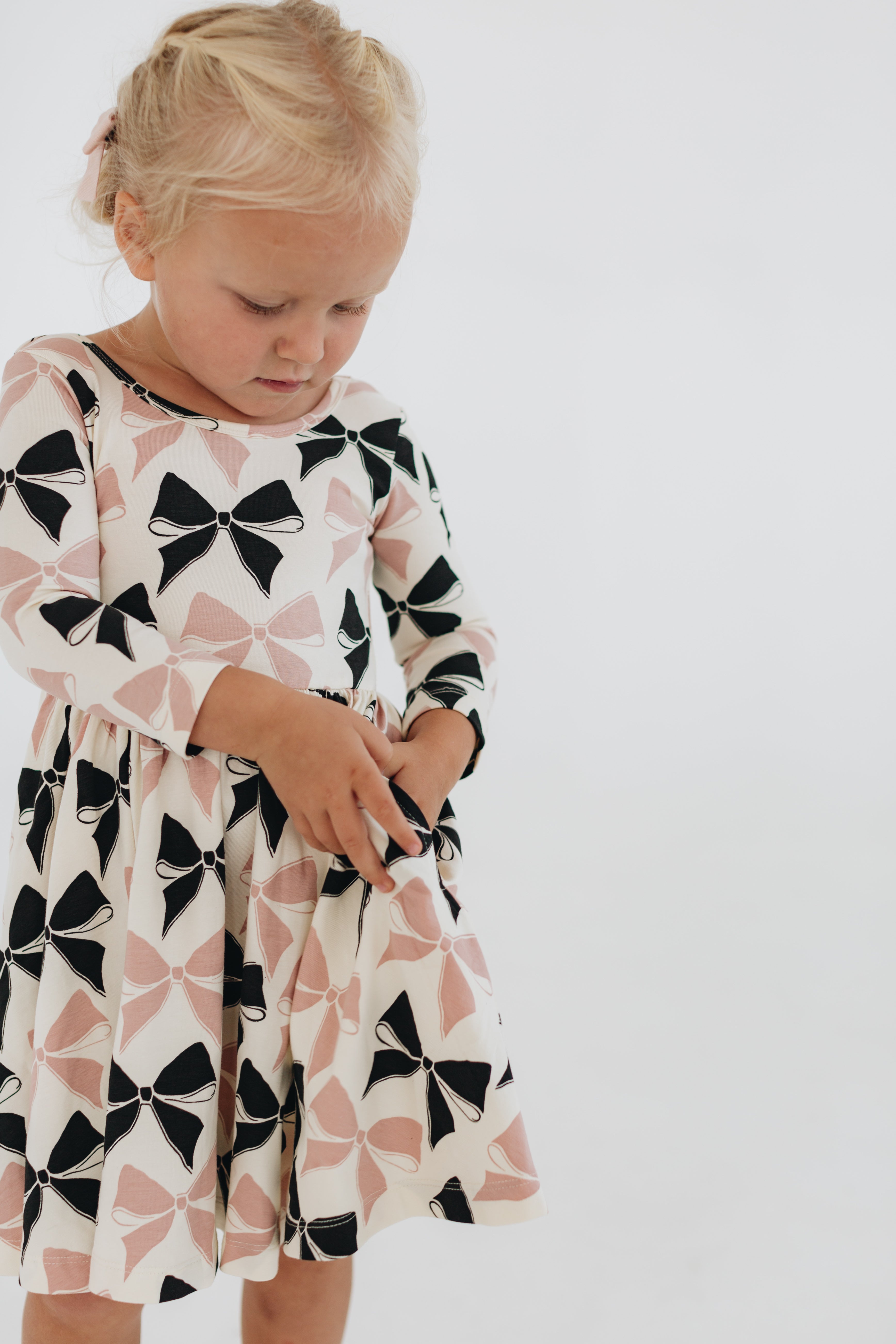 3/4 Sleeve Twirl Dress in Vintage Pink and Black Bows
