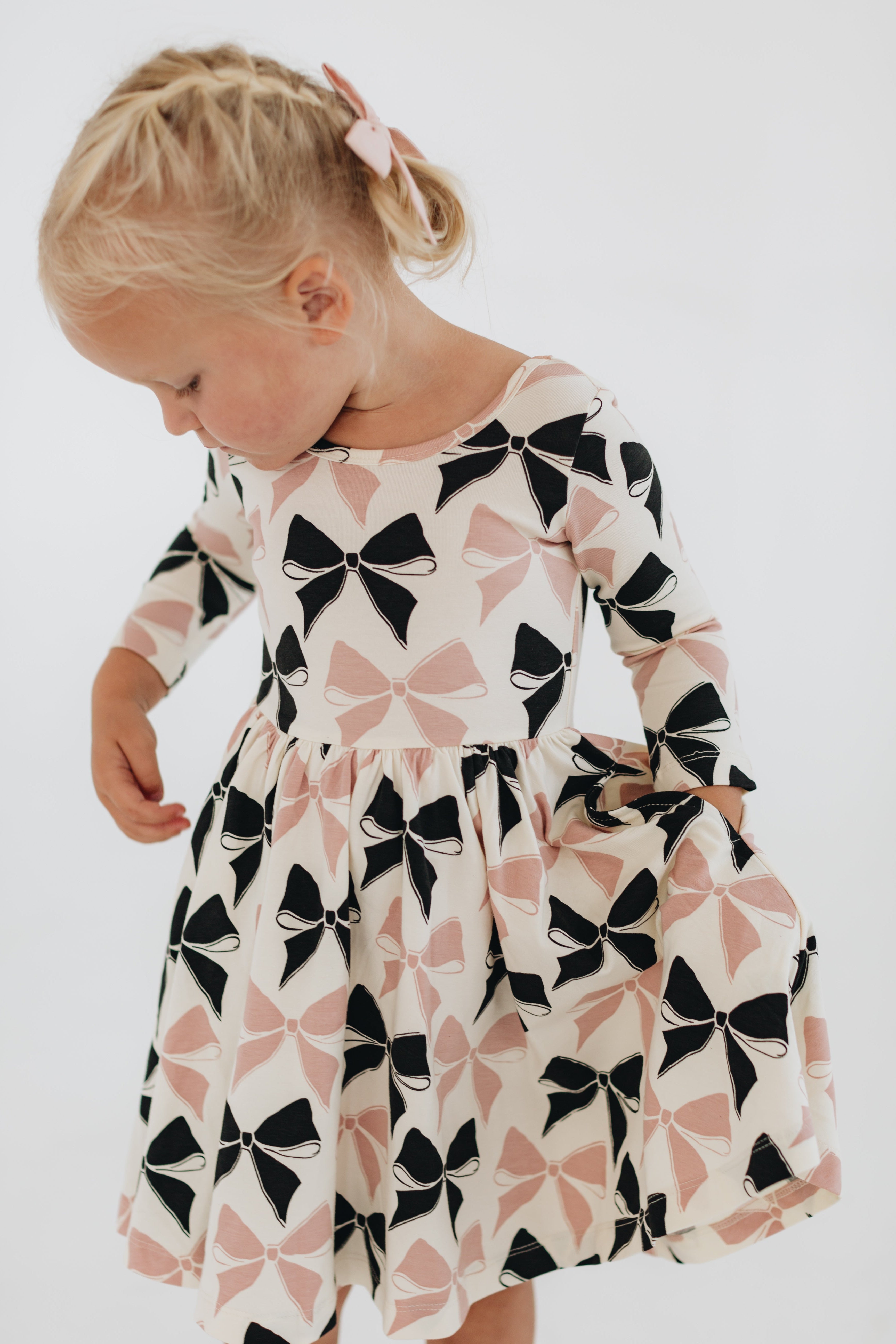 3/4 Sleeve Twirl Dress in Vintage Pink and Black Bows