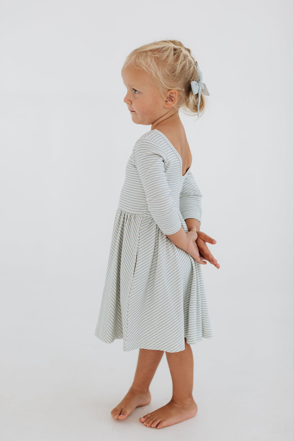 3/4 Sleeve Twirl Dress in Blue French Stripes