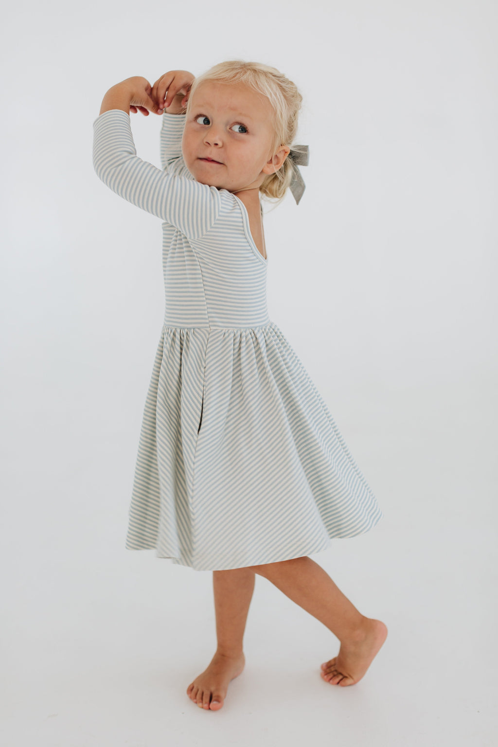 3/4 Sleeve Twirl Dress in Blue French Stripes