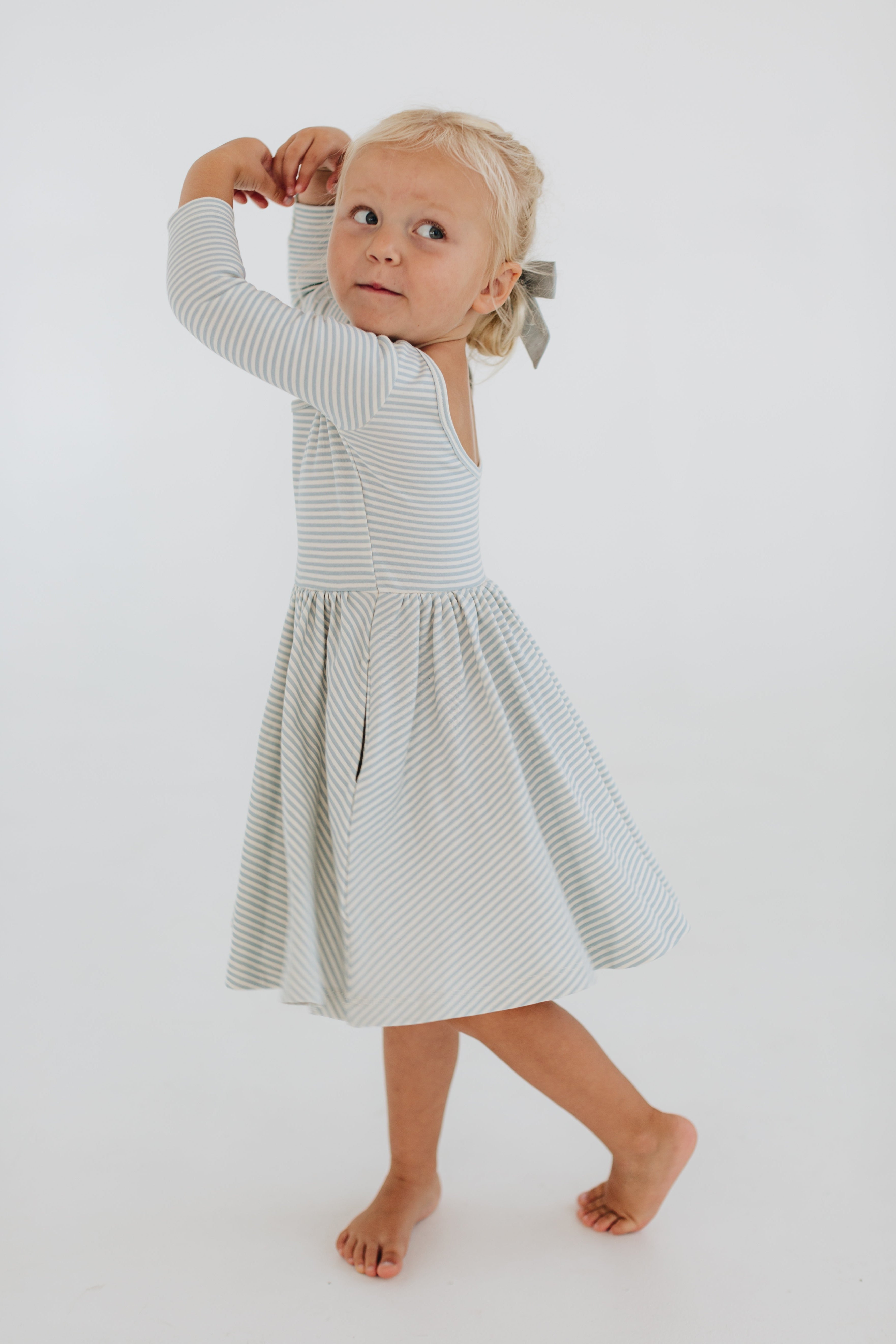 3/4 Sleeve Twirl Dress in Blue French Stripes