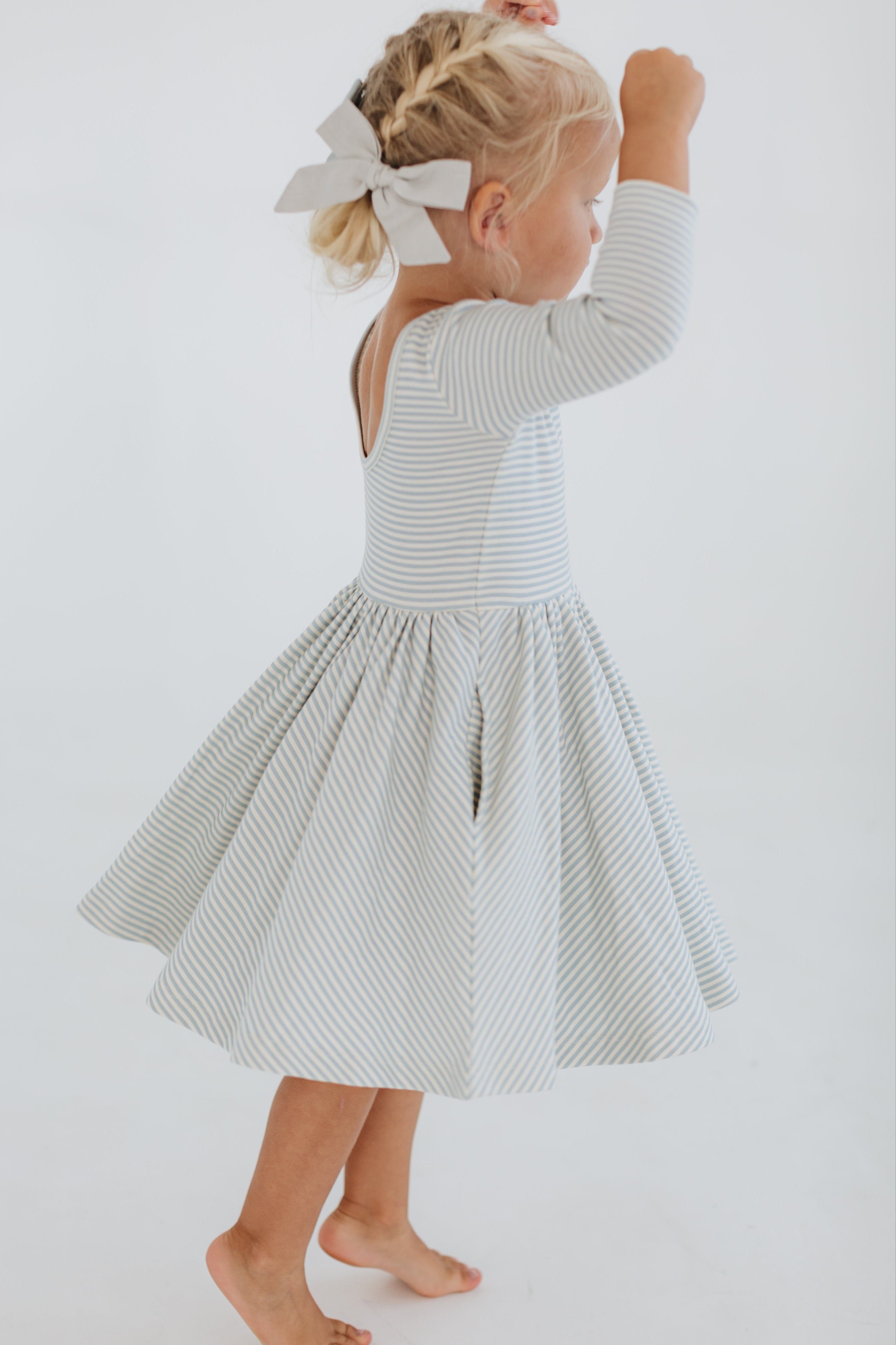 3/4 Sleeve Twirl Dress in Blue French Stripes